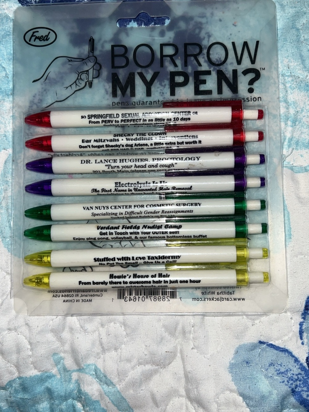 Fred Borrow My Pen? Assorted Colored Promotional Pens - Pack of 8